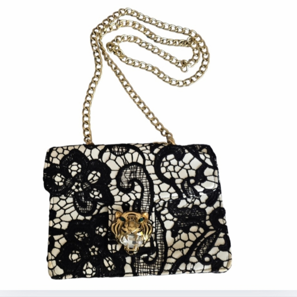 Betsey Johnson Lady Lace Purse Chain Strap Brocade Overlay Small Shoulder Bag